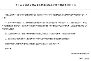 农业银行：对个人客户参与存金通黄金积存交易增加风险承受能力测评准入