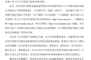 兰州银行：公司章程修订获核准，不再设立监事会