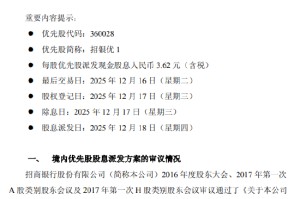招商银行：每股优先股派发现金股息3.62元（含税）